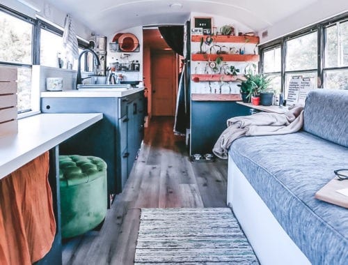 Today we're featuring the We Live on a Bus skoolie - a bus conversion with a coffee bar, plant wall, and tons of open space for this family of four. |Since We Woke Up | sincewewokeup.com