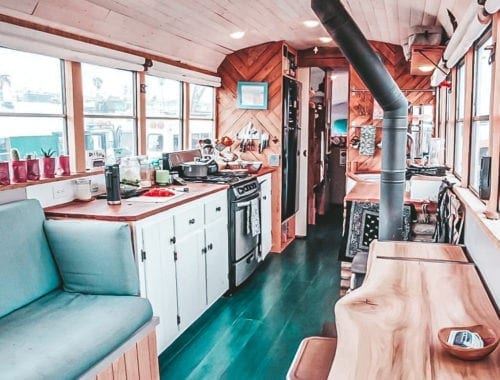 Today we're featuring the Deliberate Life Bus skoolie - a bus conversion with the most gorgeous floors and color scheme we've ever seen. | Since We Woke Up | sincewewokeup.com