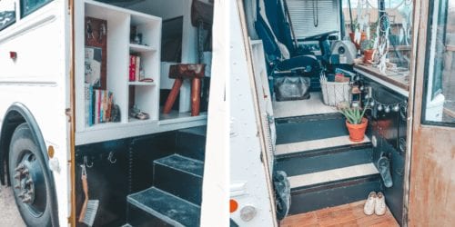 After one year of living in our bus, we're releasing an updated skoolie floor plan and video bus tour including all the changes and renovations we've made! | sincewewokeup.com | Since We Woke Up