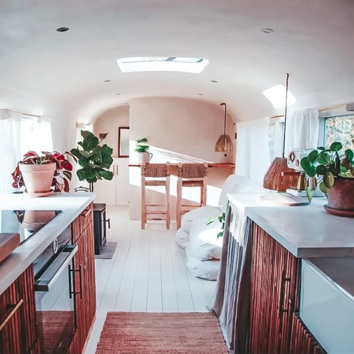 Today we're featuring a skoolie from Indigo and Olive - a bus conversion with Mediterranean vibes, curved lines, and design details to love. | Since We Woke Up | www.sincewewokeup.com