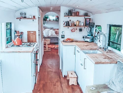 Today we're featuring the Dixie Tribe skoolie - a bus conversion with a breezy boho cottage feel! Check out this unique school bus conversion! | Since We Woke Up | www.sincewewokeup.com